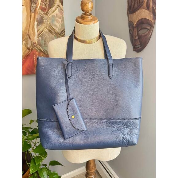 J. Crew Downing Leather Blue Tote Bucket Bag - Picture 2 of 10